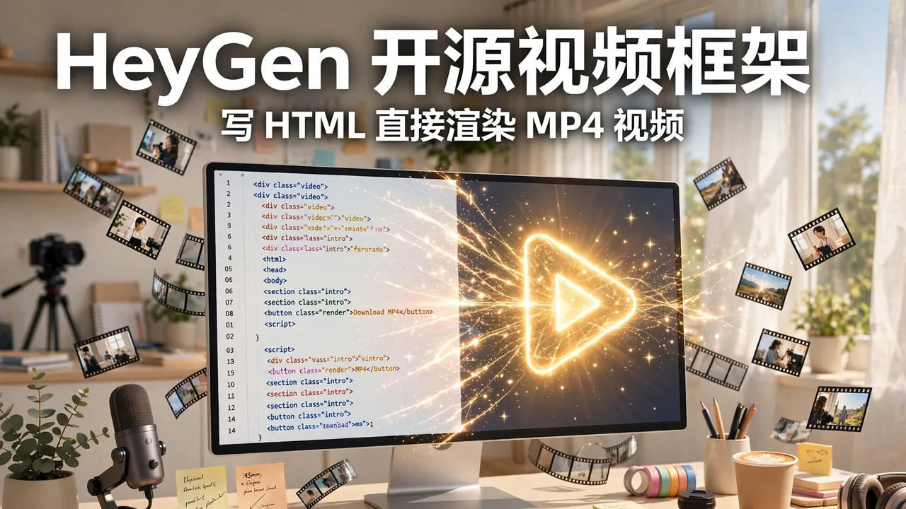 明亮的创作者工作室，屏幕上 HTML 代码化作视频播放按钮