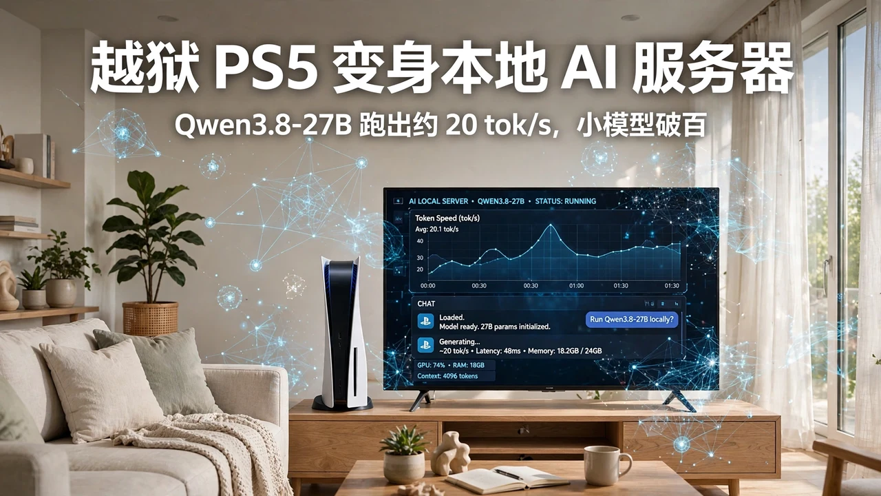 越狱 PS5 变身本地 AI 服务器：Qwen3.8-27B 跑出约 20 tok/s，小模型破百