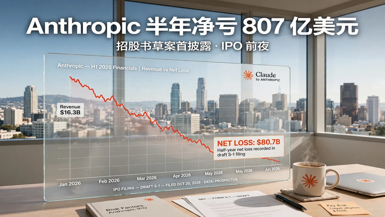 明亮的旧金山办公室场景，透明屏上显示 Anthropic 上半年财务图表与 807 亿美元净亏损