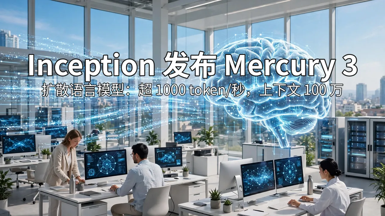 明亮的数据中心里，发光的 token 流汇入全息大脑网络的 AI 插画