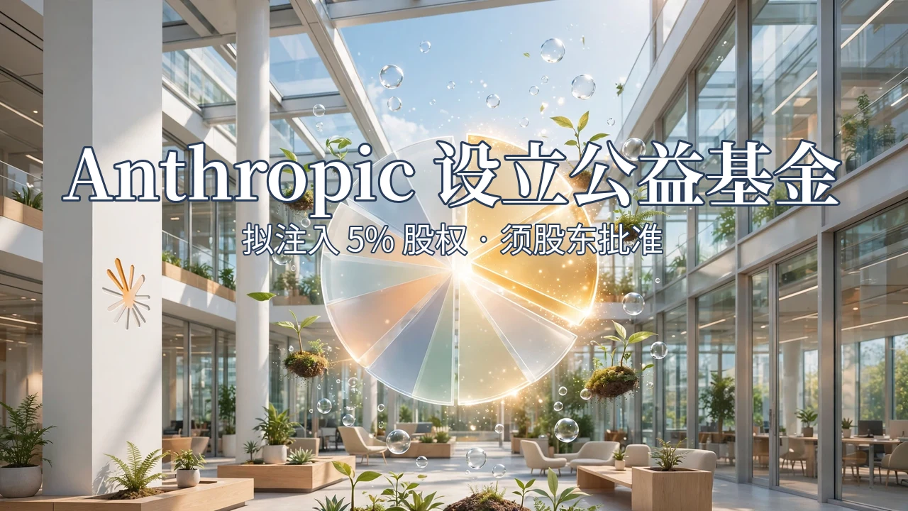 A glowing pie chart of company shares with one highlighted slice floats in a sunlit glass atrium, with a bold white Chinese headline overlaid