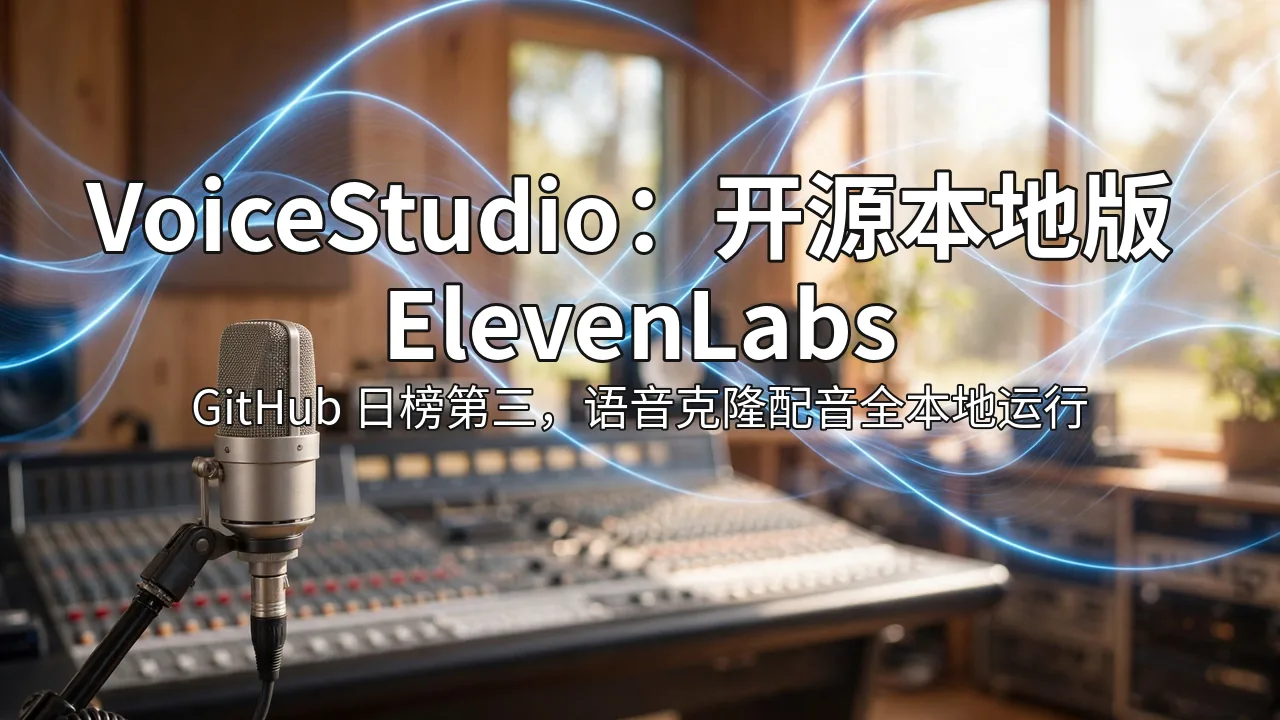 A bright recording studio with a vintage microphone and blue sound-wave arcs, overlaid headline about VoiceStudio, the open-source local ElevenLabs