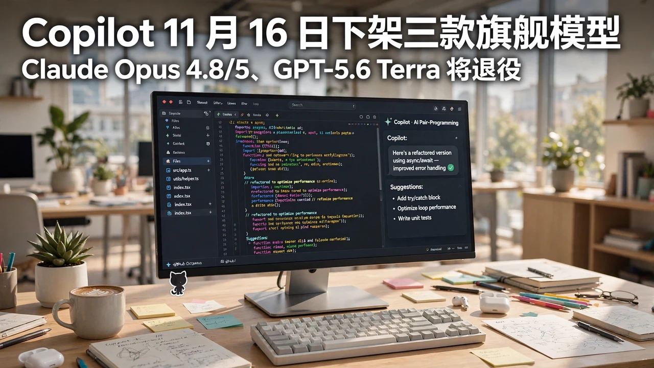 GitHub Copilot 11 月 16 日下架三款旗舰模型：Claude Opus 4.8/5、GPT-5.6 Terra 退役