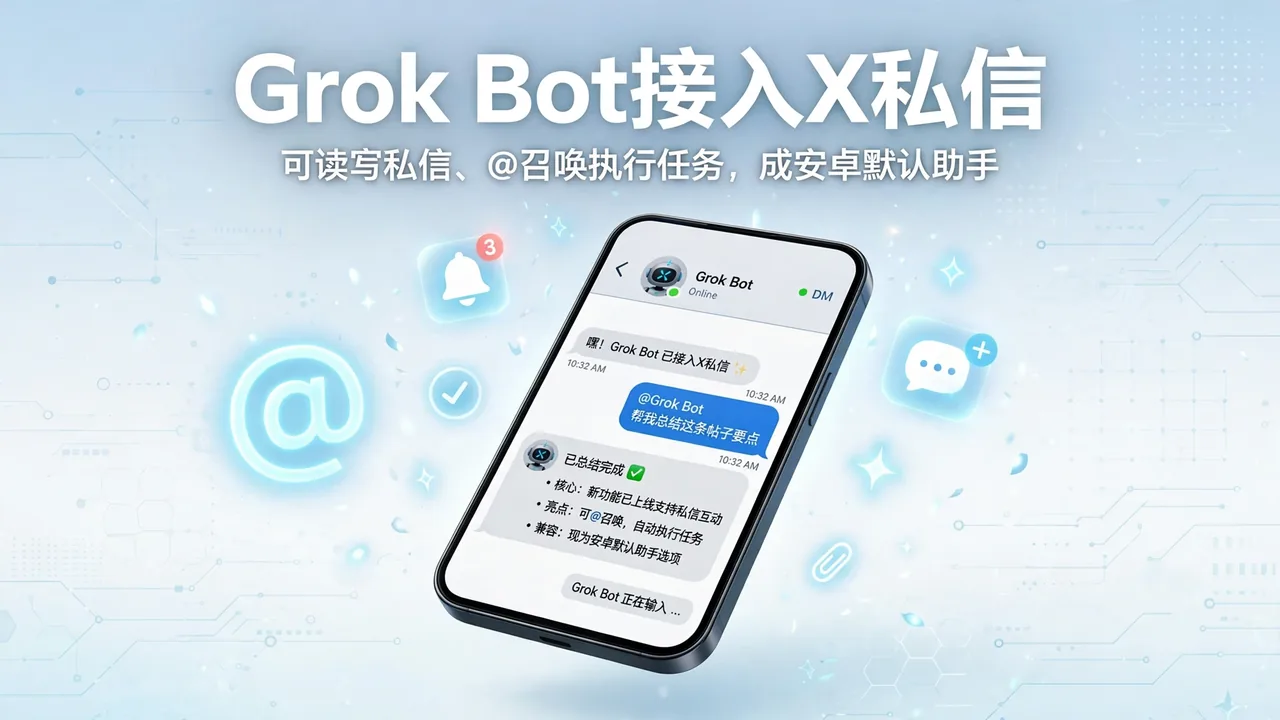 Bright illustration of a smartphone showing a DM chat interface with an @ symbol
