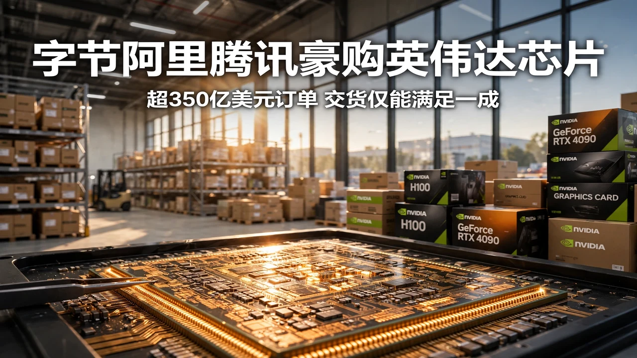 Graphics card boxes stacked on warehouse shelves with a chip close-up