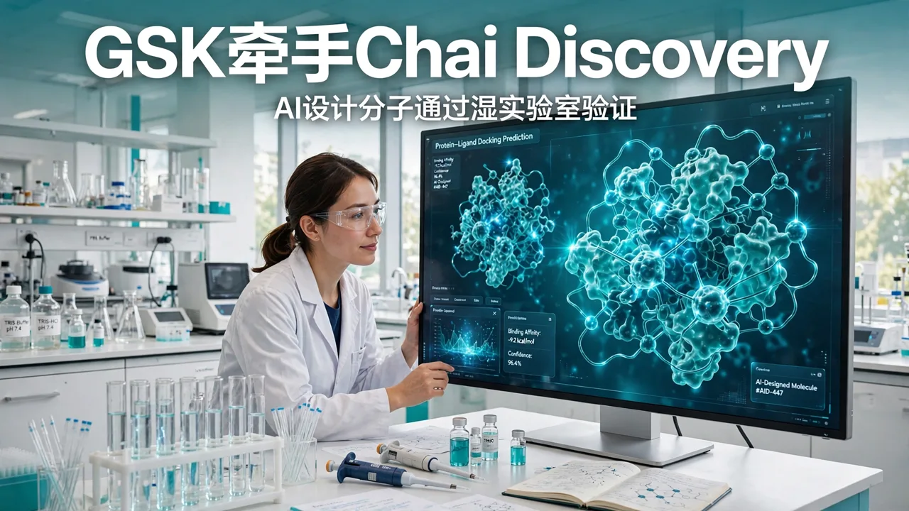 明亮的生物实验室里，科研人员看着大屏幕上的蛋白质分子结构