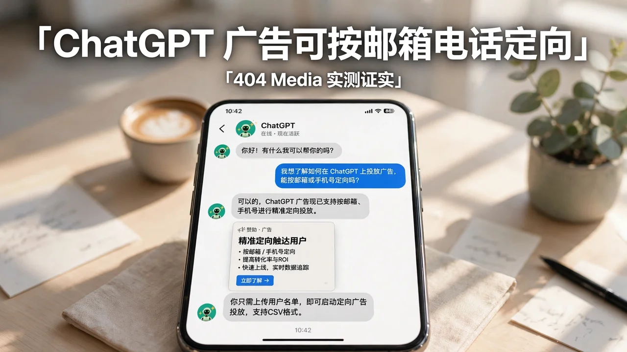 404 Media 实测：广告主可凭邮箱电话在 ChatGPT 里定向投放